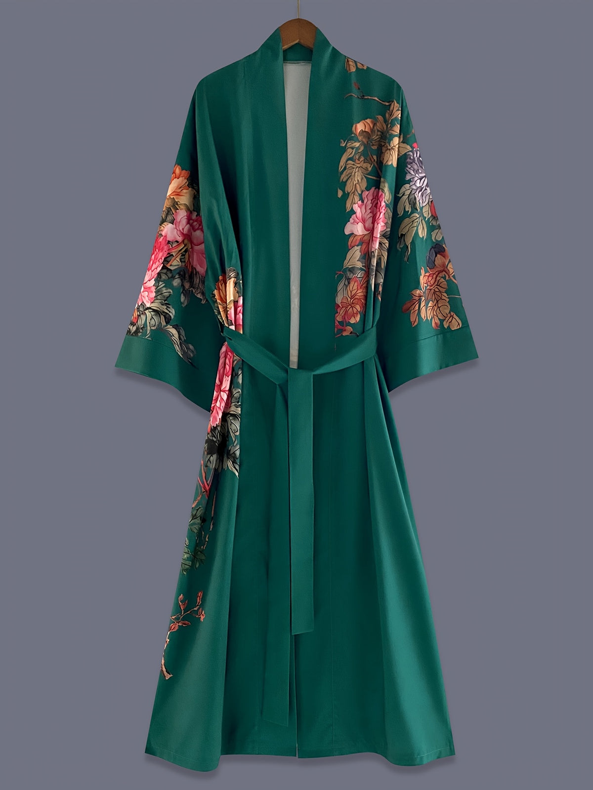 Japanese-style Rose Print Mid-length Three-quarter Sleeve Kimono Cardigan, Lightweight Outerwear for Women, Elegant European and American Ethnic-inspired Streetwear Casual Cover-up, Beach Vacation Travel Uchikake-style Thin Cape Coat, Home Yukata - Malachite Green