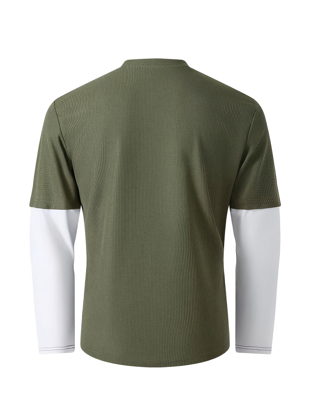 Spring/Autumn Men's Waffle Knit Henley Neck T-Shirt 2-in-1 Look Black and White Color Block Loose Long Sleeve Top - Olive Green