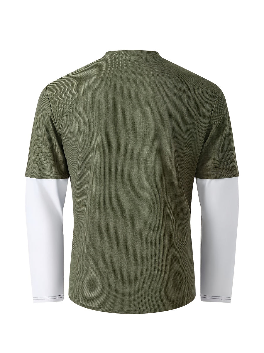 Spring/Autumn Men's Waffle Knit Henley Neck T-Shirt 2-in-1 Look Black and White Color Block Loose Long Sleeve Top - Olive Green