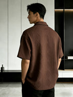 Men'S Summer New Premium Loose Short Sleeve Half-Zip Collar Polo Shirt Jacquard Short Sleeve T-Shirt - Coffee Brown