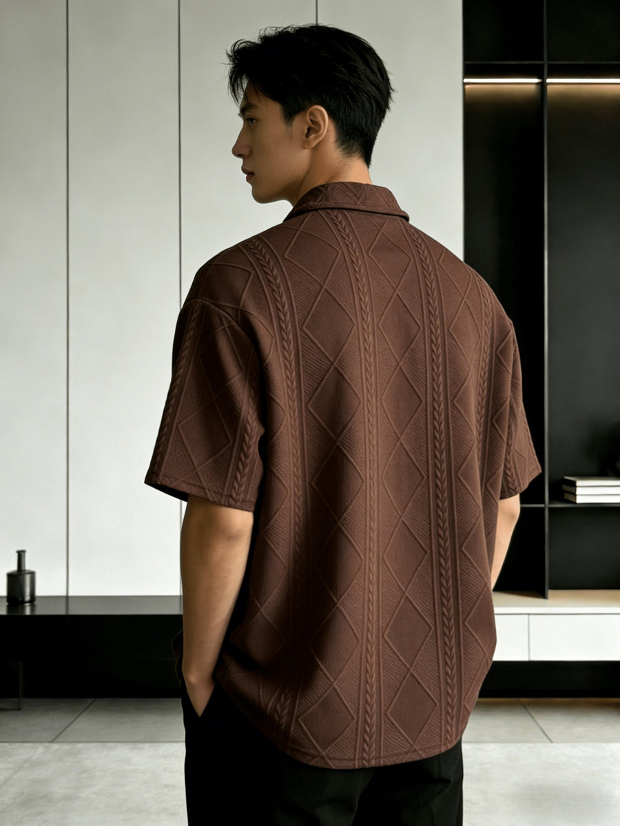 Men'S Summer New Premium Loose Short Sleeve Half-Zip Collar Polo Shirt Jacquard Short Sleeve T-Shirt - Coffee Brown