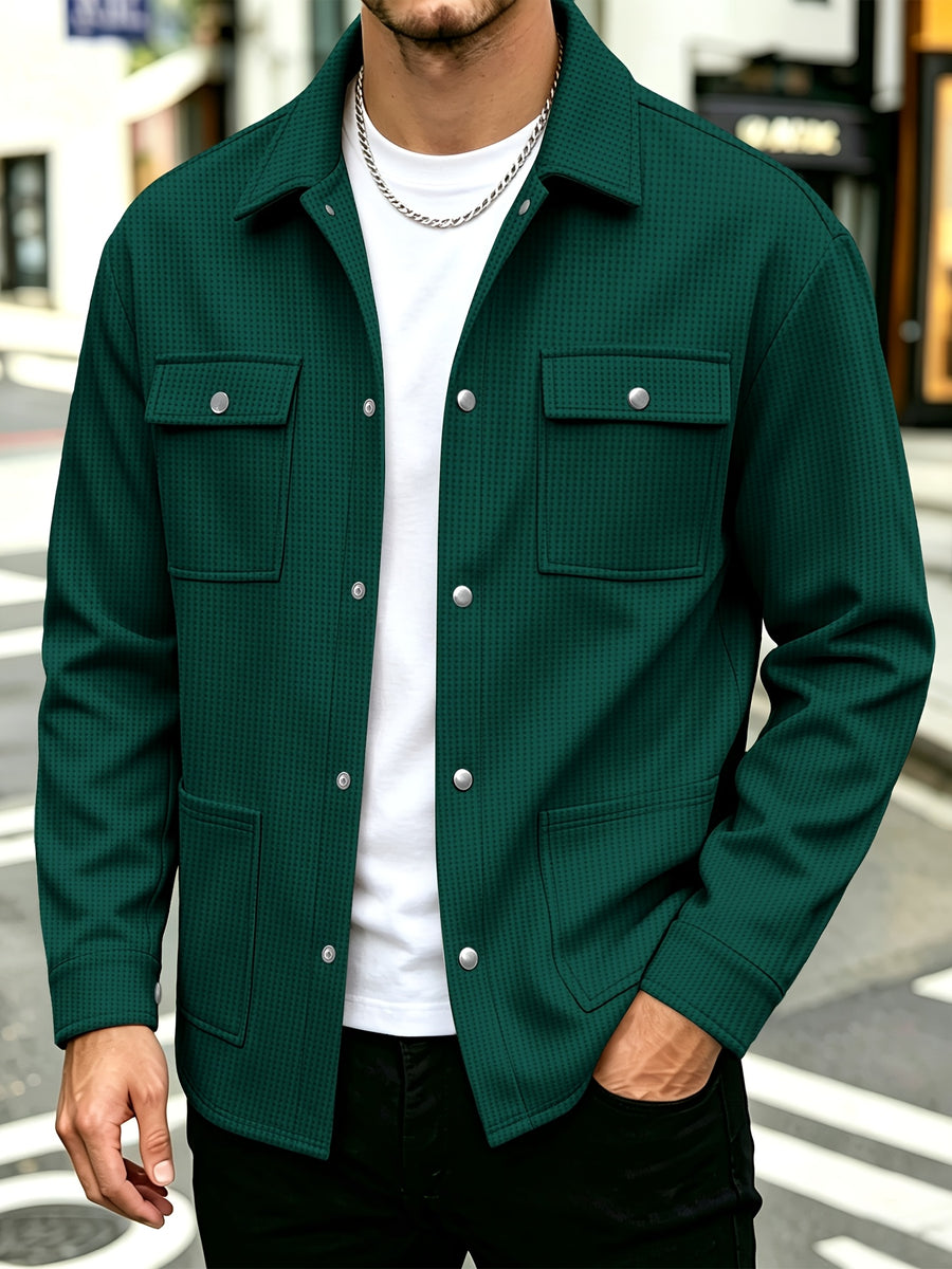 Men'S Waffle-Weave Cargo Jacket, Lapel Button-Up Multi-Pocket Cardigan, Spring Autumn Loose Casual Shirt Coat - Dark Green