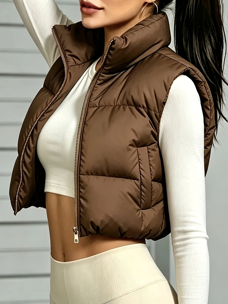 Spring Autumn Winter Women'S Vest, Stand-Up Collar Short Vest, New Year Outfit Year-End Styling, Daily Commute Date Versatile Top, High-Quality Women'S Clothing Promotion Special, Elegant Chic Shoulder Vest, Korean Style Popular Top - Dark Brown