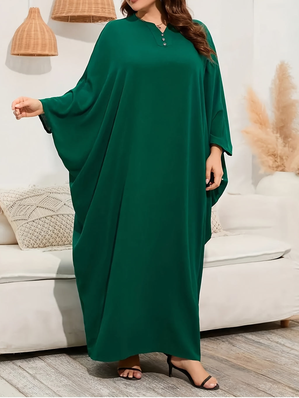 Ramadhan Solid Color Batwing Sleeve Kaftan Dress, Elegant Flat Laptop Maxi Dress, Womens - Green