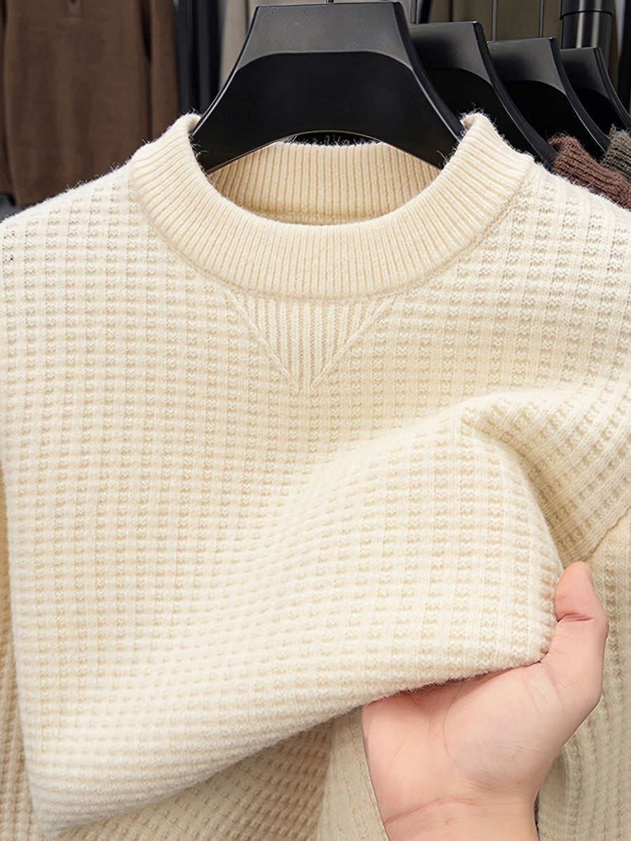 Men'S Waffle Knit Round Neck Sweater, Full Waffle Texture Jacquard Checkered Knit, Strong Three-Dimensional Feel, Thicker Than Regular Plain Knit, Better Warmth - SINBOS - Ivory White