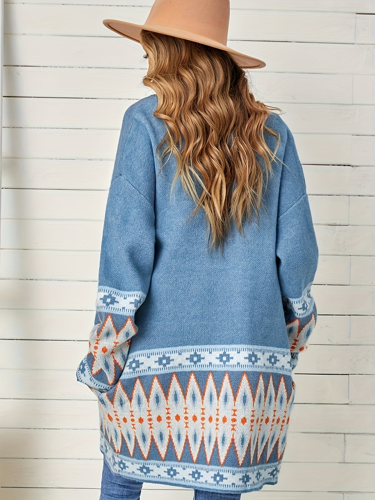 2024 European And American Autumn And Winter New Ethnic Style Printed Long-Sleeved Sweater Cardigan Coat Women - Peacock Blue