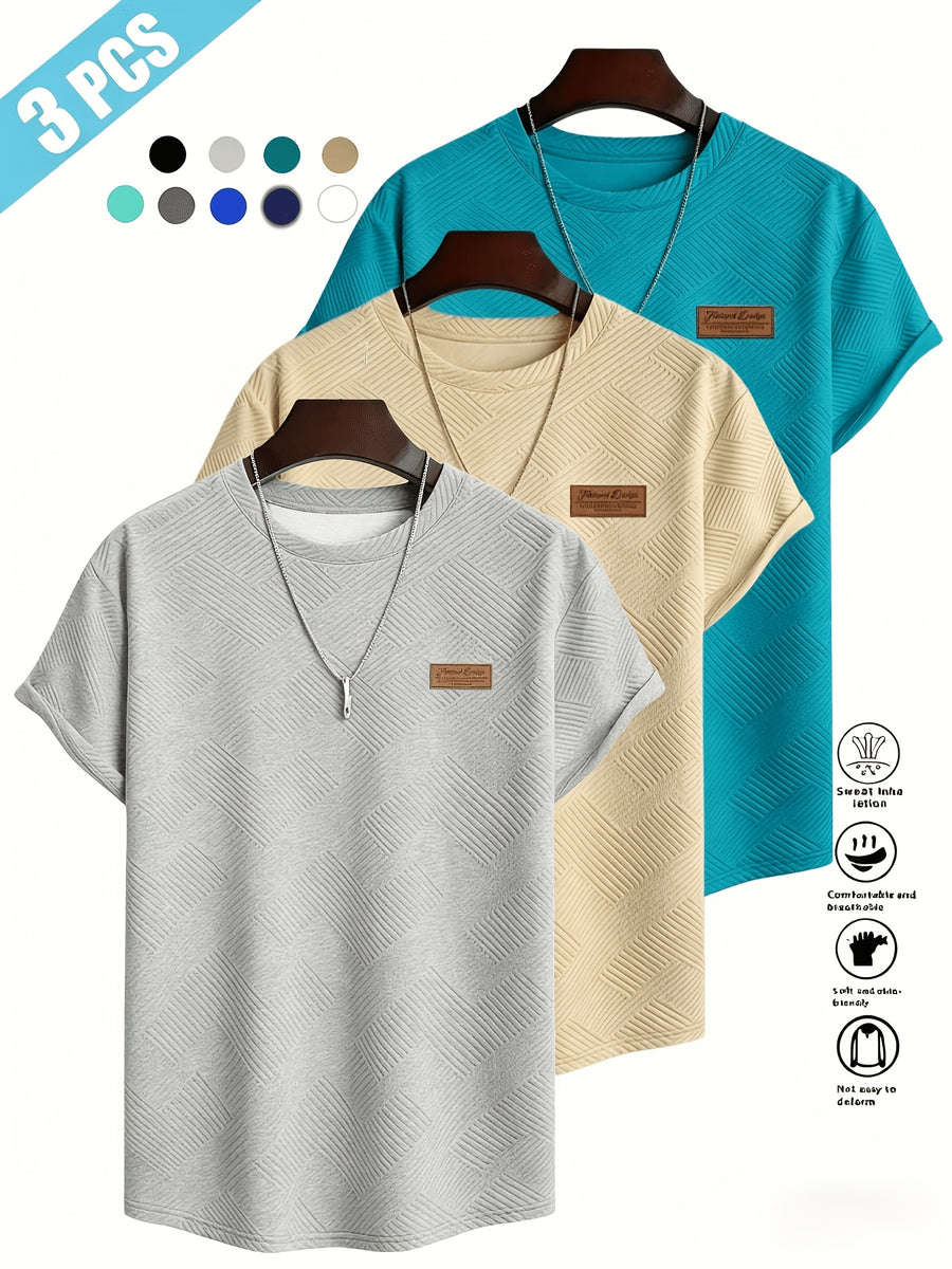 [Villa Le Water OBM] 3pcs Set Men'S Summer Fashion Round Neck T-Shirt, 3D Geometric Pattern Men'S Top, Comfortable And Versatile Short Sleeve, Suitable for Outdoor Street, Daily Casual, Outdoor Sports - Apricot + Light Gray + Emerald