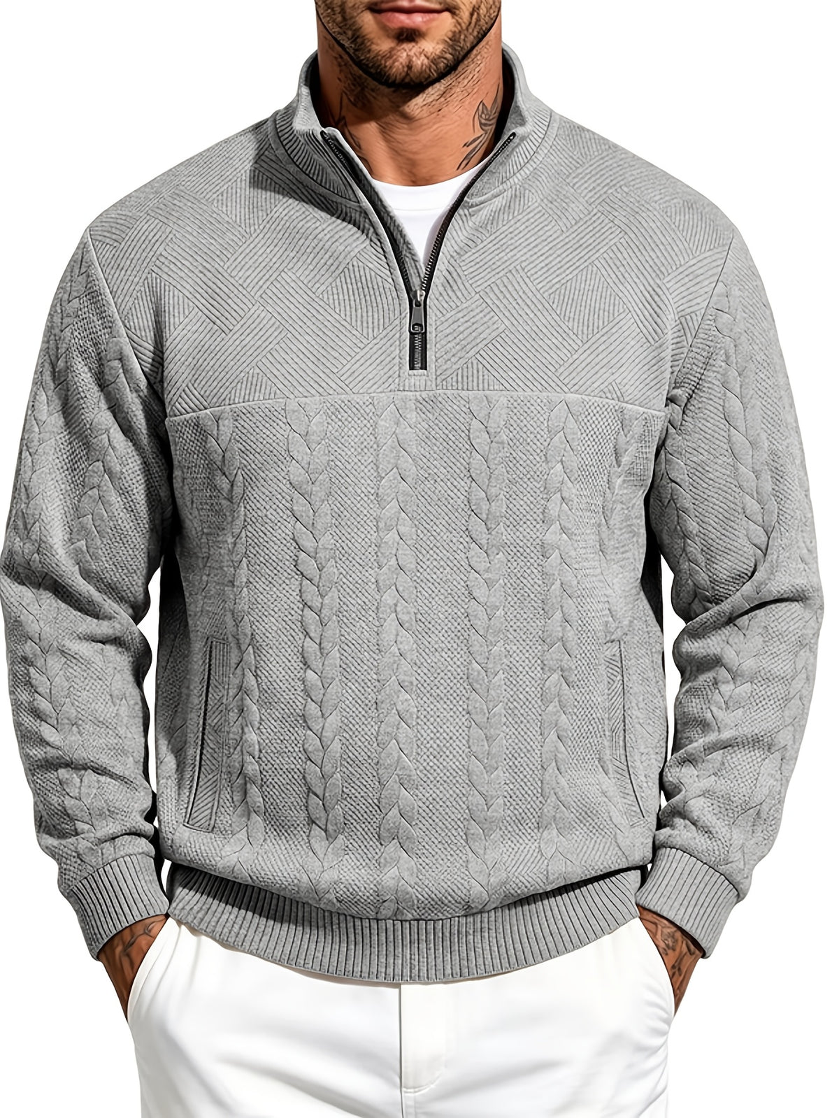 Whale Crossing OBM Men's Spring, Autumn, Winter Classic Fashion Italian Milanese Label Knitted Cable Knit Stand Collar Sweatshirt - Grey