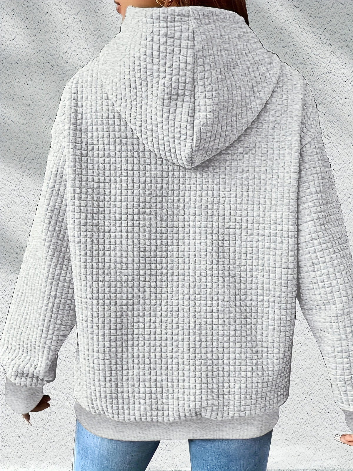 Valentine's Day 2026 New Summer Promotion Fashionable, Commuting, Daily Outfit, Casual Yet Appropriate, Elegant, People, Waffle Women's Drawstring Hooded Sweatshirt Casual Loose Printed Sweatshirt - Grey
