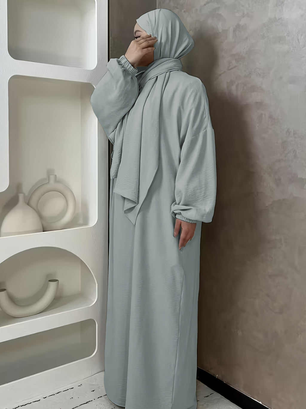 1pc And Abaya One-Piece Dress, Prayer Jilbab Fashionable, Elegant And Casual Solid-Colored Puff Sleeve Suitable for Daily Wear. Loose And Comfortable Women'S Abaya Robe - Dark Gray
