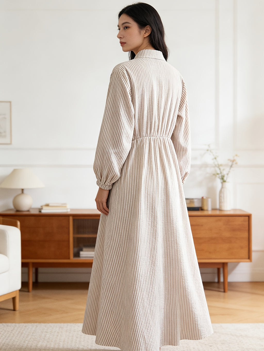 Women'S Striped Shirt Dress, Gentle Style Temperament Shirt Dress, Design-Driven Twisted Long Skirt - Khaki