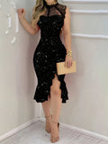 Elegant Sleeveless Lace Patchwork Dress with a Thigh-High Slit And Ruffled Hem, Perfect for Parties - Black