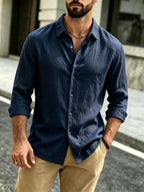 The Preferred Gift for Back to School Season Is Men's Casual Shirts. Spring and Autumn Long Sleeved Shirts Are Trendy, Loose, Solid Color, Breathable and Versatile Tops, Making Them the Perfect Holiday Gift - Navy Color