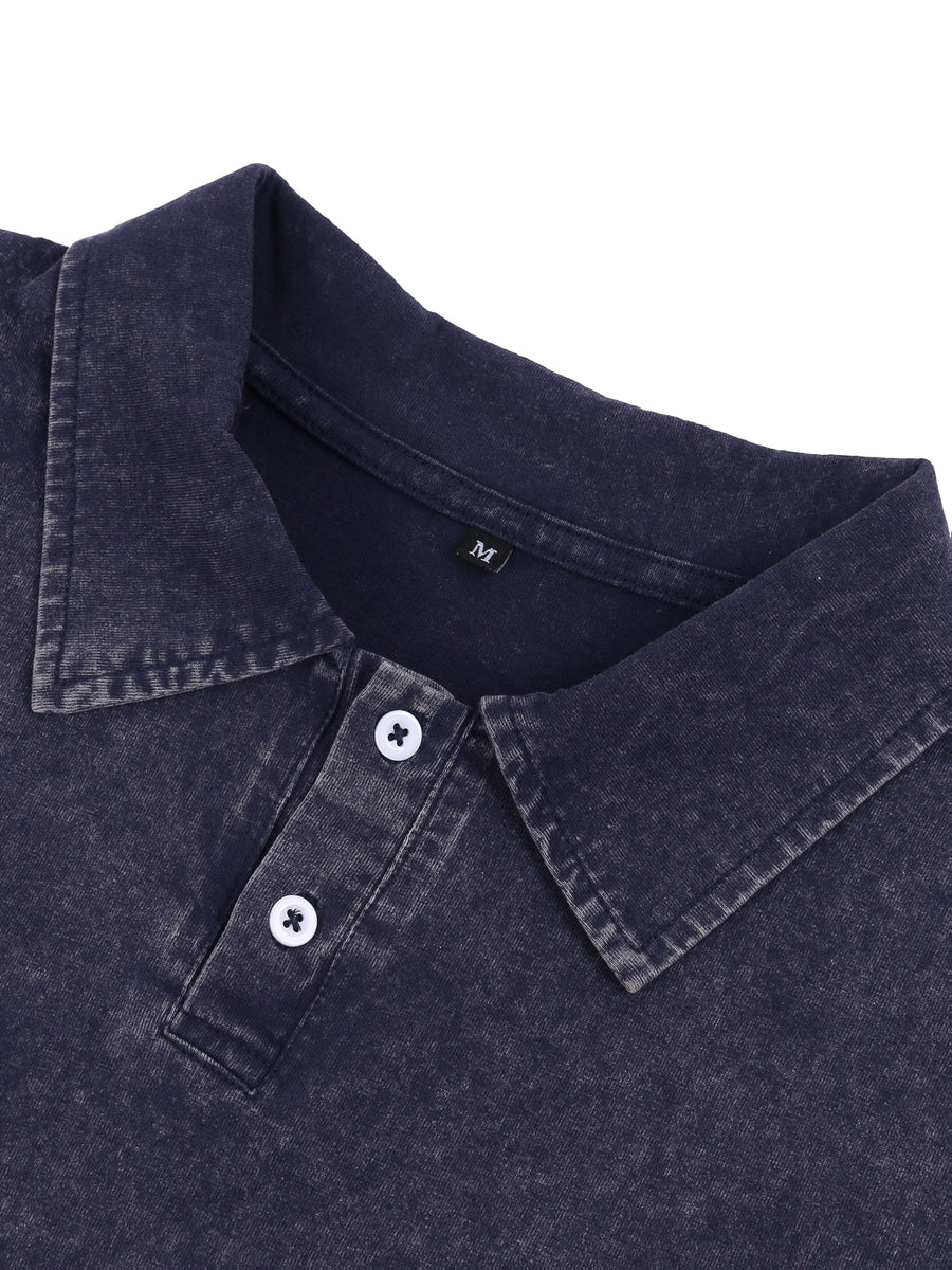 240G Heavyweight Combed Pure Men'S POLO Shirt Easy Retro Washed Loose Lapel Short Sleeve Skin-Friendly Temperament Autumn Summer Daily Commute Casual Top - Navy Color