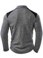 Men's Fashion Top, Autumn/Winter Outdoor Casual Textured Ribbed Fabric, Color-Block Crew Neck Zipper Patch Long Sleeve Men's Henley Shirt - Grey