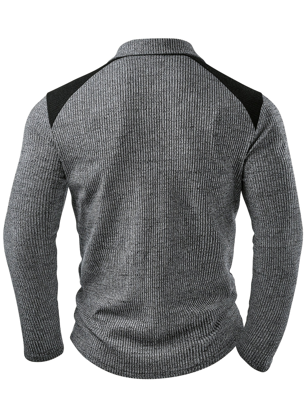Men's Fashion Top, Autumn/Winter Outdoor Casual Textured Ribbed Fabric, Color-Block Crew Neck Zipper Patch Long Sleeve Men's Henley Shirt - Grey
