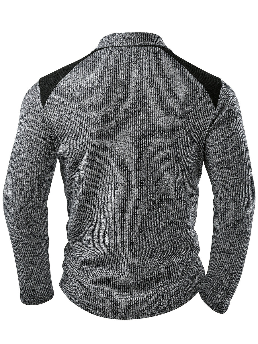 Men's Fashion Top, Autumn/Winter Outdoor Casual Textured Ribbed Fabric, Color-Block Crew Neck Zipper Patch Long Sleeve Men's Henley Shirt - Grey