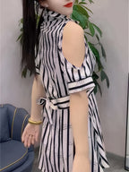 Women'S Summer Long Shirt Dress with Polo Collar, Off-Shoulder, Striped Print, Button Tie, A-Line Style for Commuting - Mixed colors