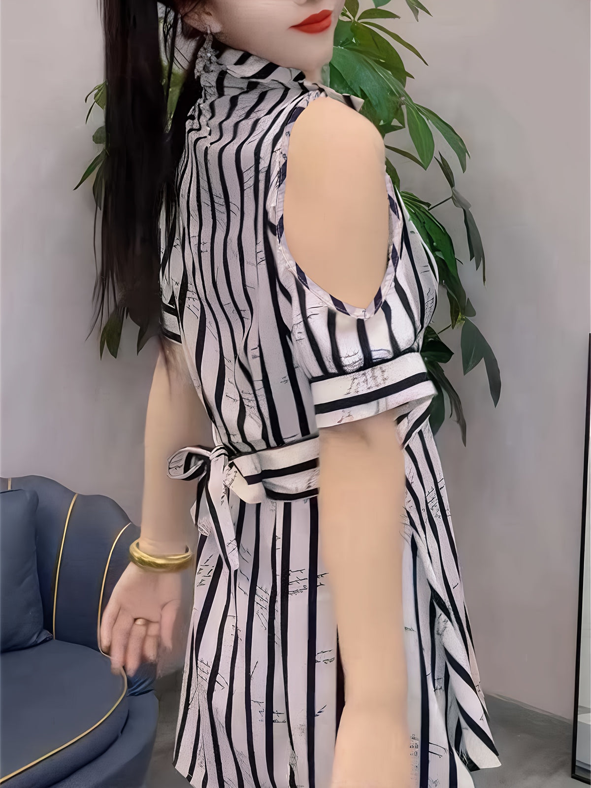 Women'S Summer Long Shirt Dress with Polo Collar, Off-Shoulder, Striped Print, Button Tie, A-Line Style for Commuting - Mixed colors