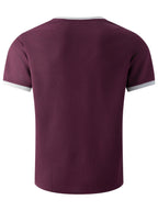 Men'S Solid Waffle Knit V-Neck Tee, Contrast Edge Short Sleeve Casual Daily T-Shirt - Burgundy