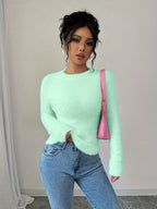 Women'S Soft Mint Green Sweater - Cozy Long Sleeve Round Neck Pullover for Fall/Winter, Casual & Office Wear, Elegant Everyday Chic Style, Comfortable Fit - Light Green