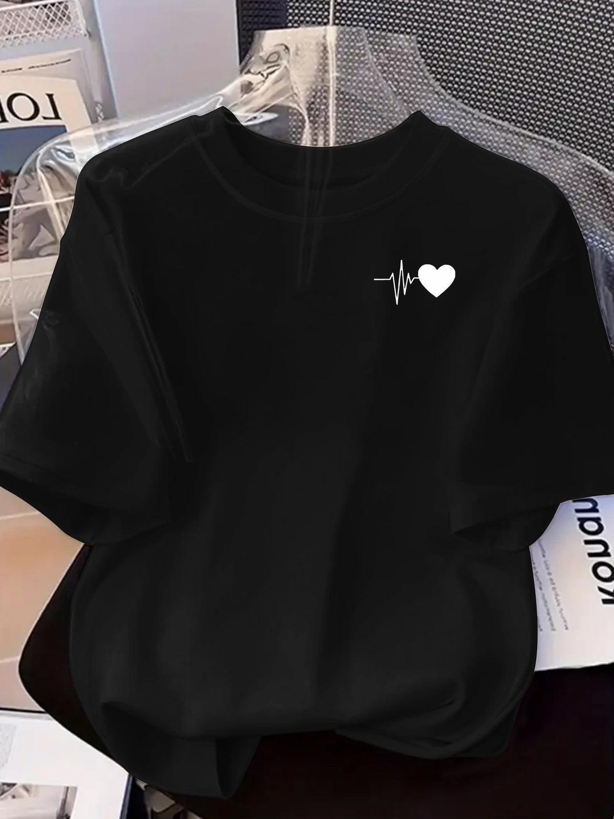 (Popular T-shirts) Spring and summer new fashion trend Women's short-sleeved round neck T-shirt versatile trendy brand short-sleeved Women's tops - Black