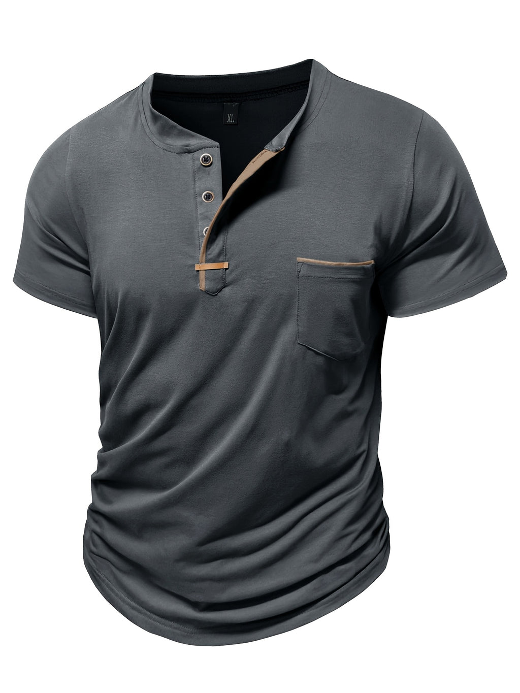 Fashion Men's Summer Short-sleeve T-shirt, Casual Round-neck Henley Shirt with Pocket - Dark Gray