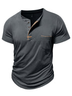 Fashion Men's Summer Short-sleeve T-shirt, Casual Round-neck Henley Shirt with Pocket - Dark Gray