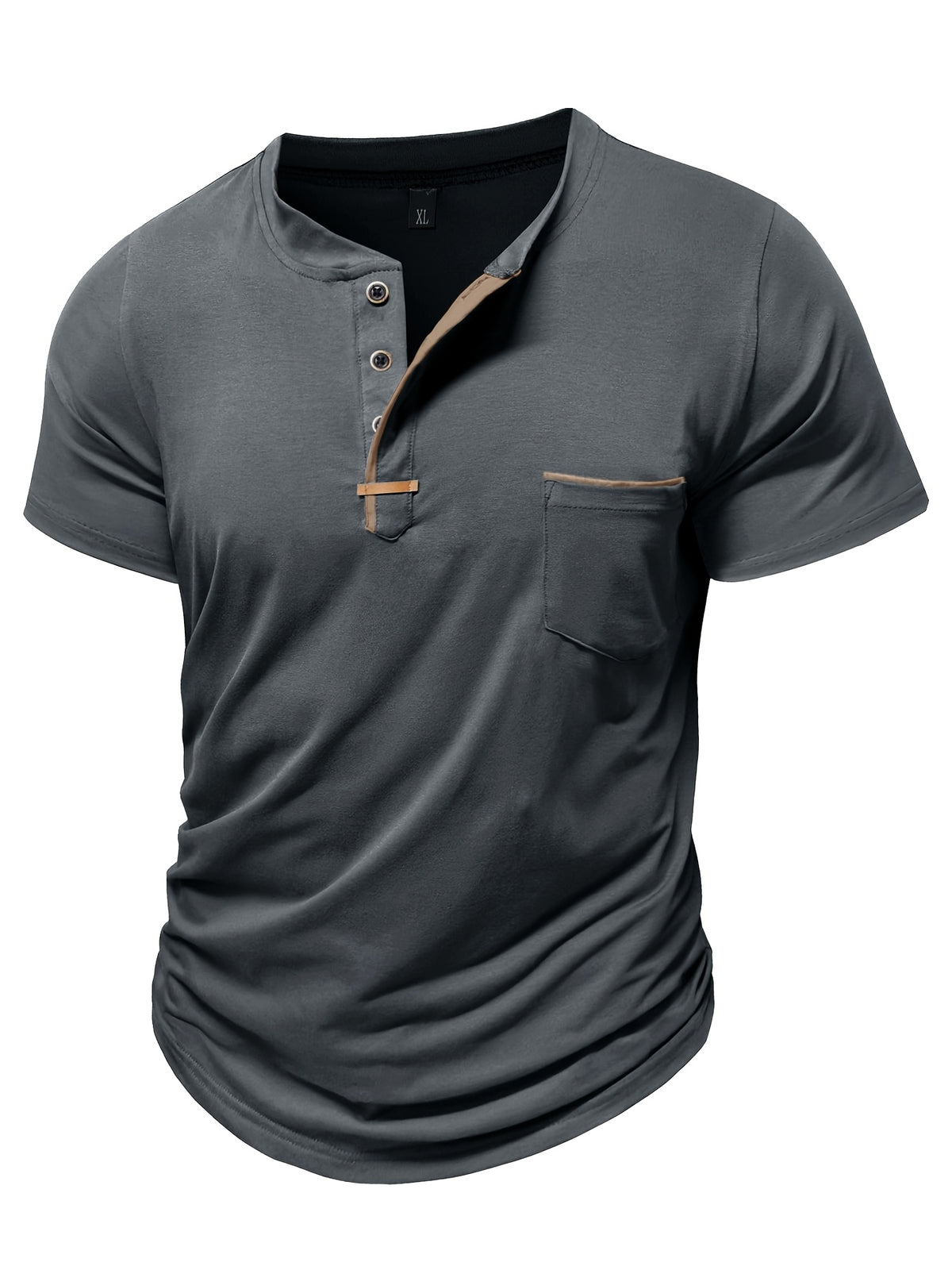 Fashion Men's Summer Short-sleeve T-shirt, Casual Round-neck Henley Shirt with Pocket - Dark Gray