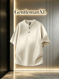 Men's Summer Small Henley Collar Two-Button Three-Dimensional Darted Cut Short Sleeve T-Shirt, Unisex Loose Raglan Curved Hem Top - Apricot