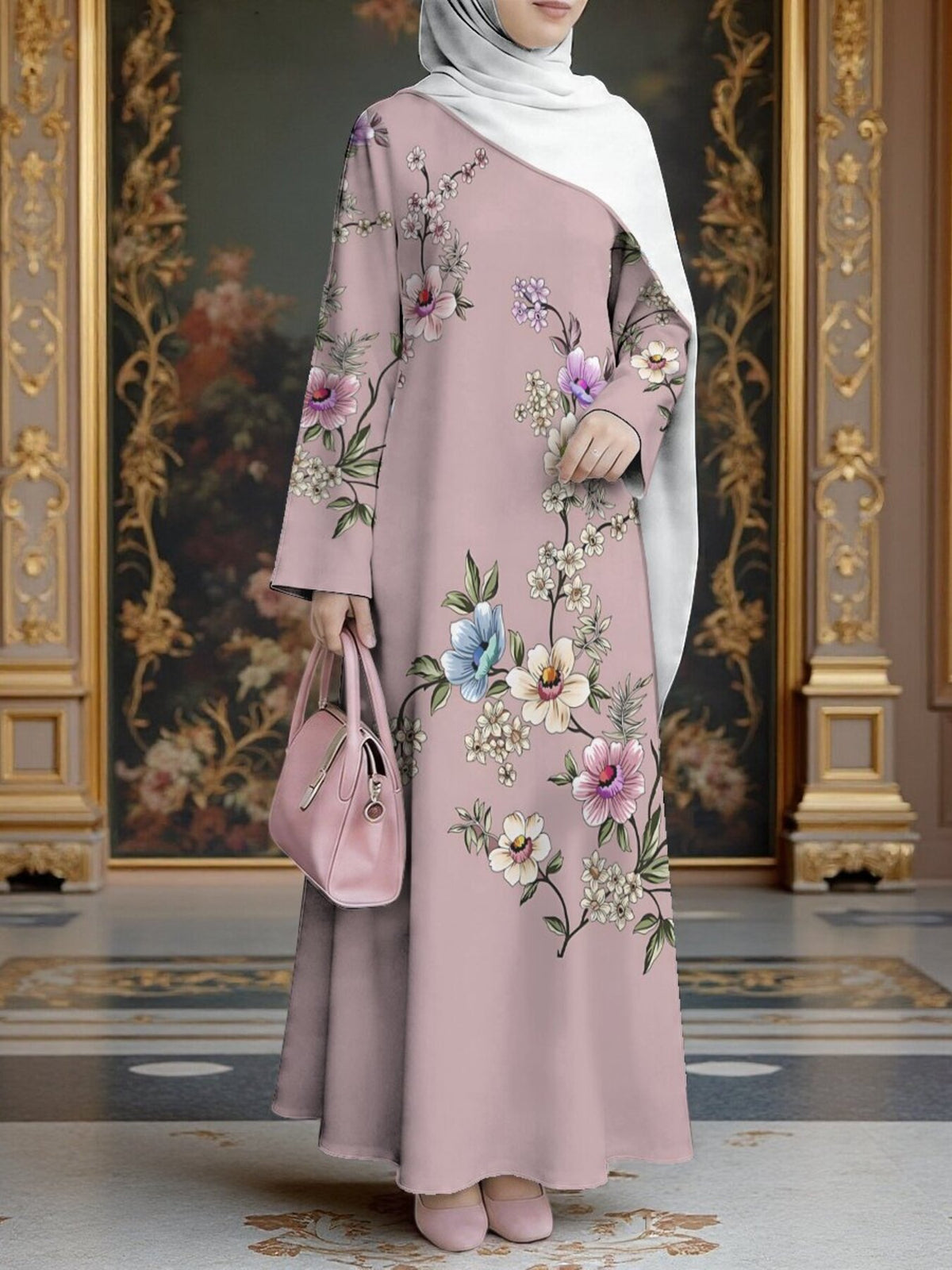 Women'S Hot Middle Eastern Style Muslim Elegant Robe, Dusty Pink Multi-Color Floral Branch Print Dress, Loose A-Line Long Sleeve, Daily Prayer And Banquet Wear, Good Drape Non-Wrinkle Non- Craft - Mixed colors