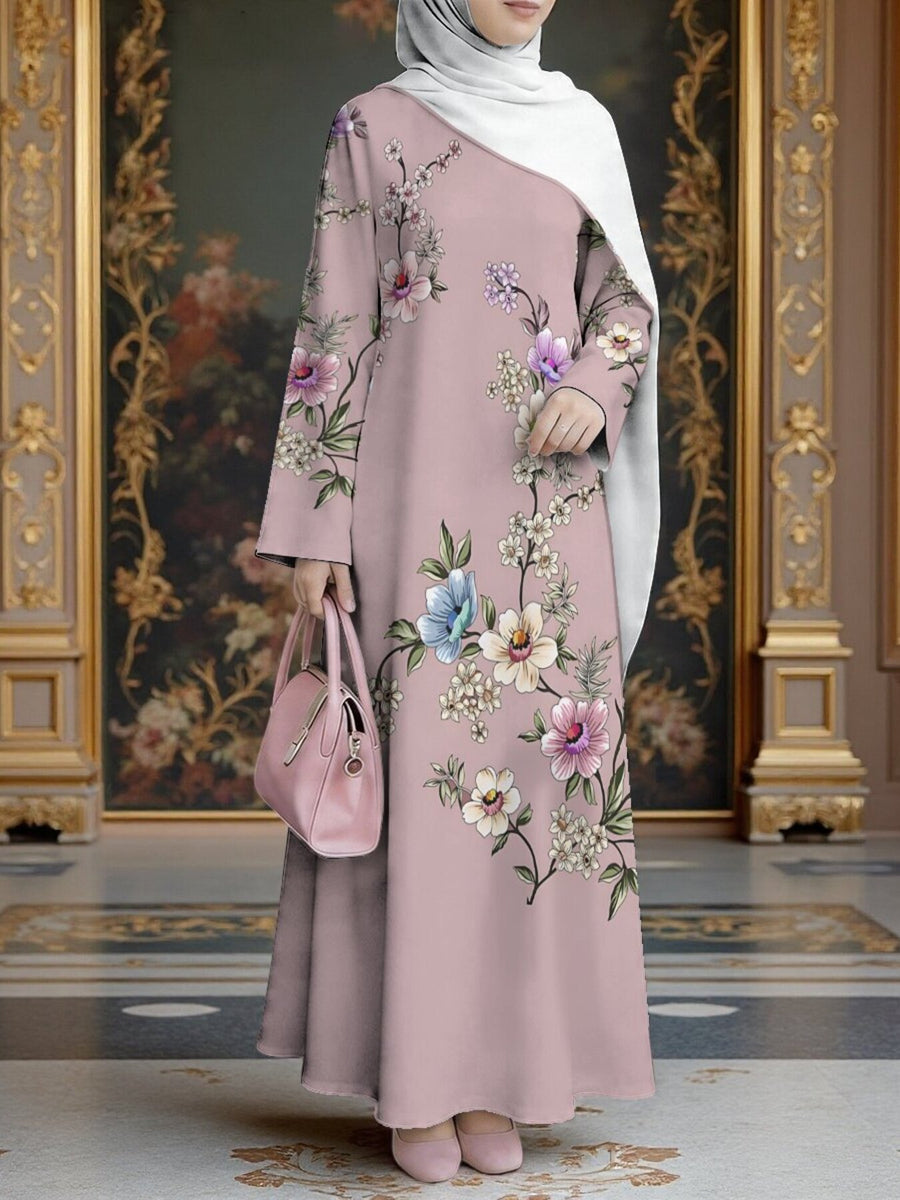Women'S Hot Middle Eastern Style Muslim Elegant Robe, Dusty Pink Multi-Color Floral Branch Print Dress, Loose A-Line Long Sleeve, Daily Prayer And Banquet Wear, Good Drape Non-Wrinkle Non- Craft - Mixed colors
