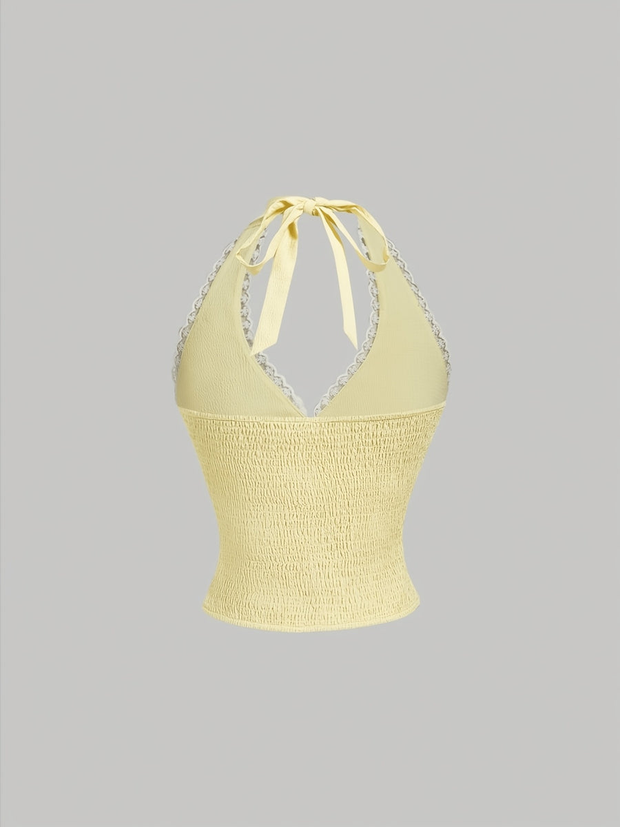 Women'S Solid Color Backless Lace-Up Slim-Fit Versatile Casual Top, Suitable for Summer, Vacation, Retro, Country Style, Going Out, Picnic And Other Occasions, Cute Yellow Top - Yellow