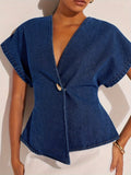 1pc Women'S Fashion Solid Color Casual Elegant Asymmetrical Design Easy Top, Suitable for Casual Outing, Fashionable Commute, Muslim Clothing, Middle Eastern Ramadan Attire, Kebaya for Women Malaysia, Malaysian Traditional Clothes for Women - Blue