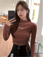 Brown Letter Drawstring Slim Fit Long Sleeve T-Shirt for Women - Coffee Brown