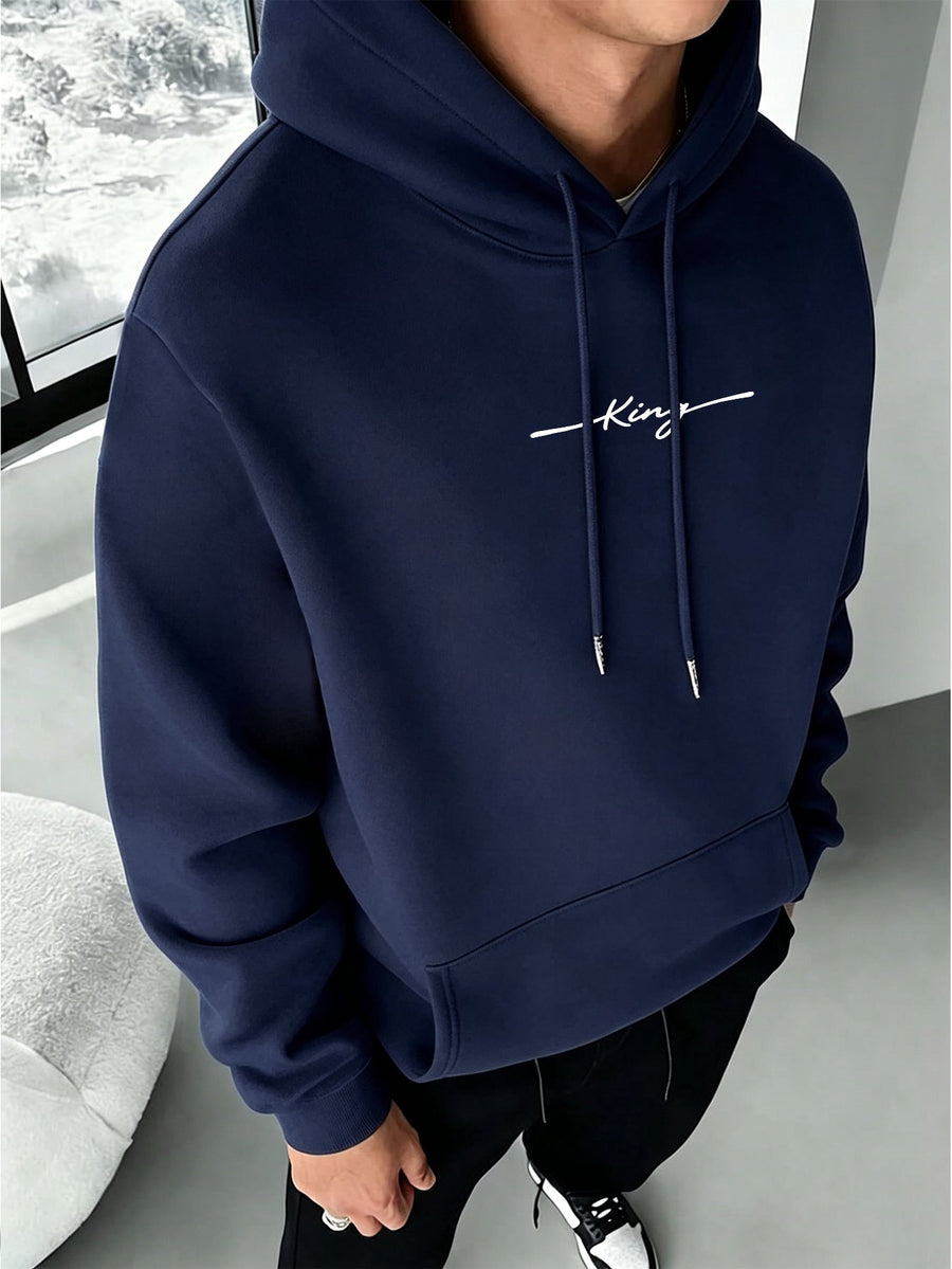 American High Street Handwritten Signature Hooded Sweatshirt for Men, Trendy Casual Pullover Top, Versatile Daily Wear, Slimming Long Sleeve Commuter Hoodie - Navy Color