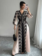 Plus Size, Elegant and Fashionable Plus-size Women's Printed Long-sleeve Dress, Adorned with Buckle Embellishments, Featuring a V-neck and Slit Cuffs. Suitable for Parties, Outings, Romantic Dates, and Daily Wear. Designed for Plus-size Women - Black
