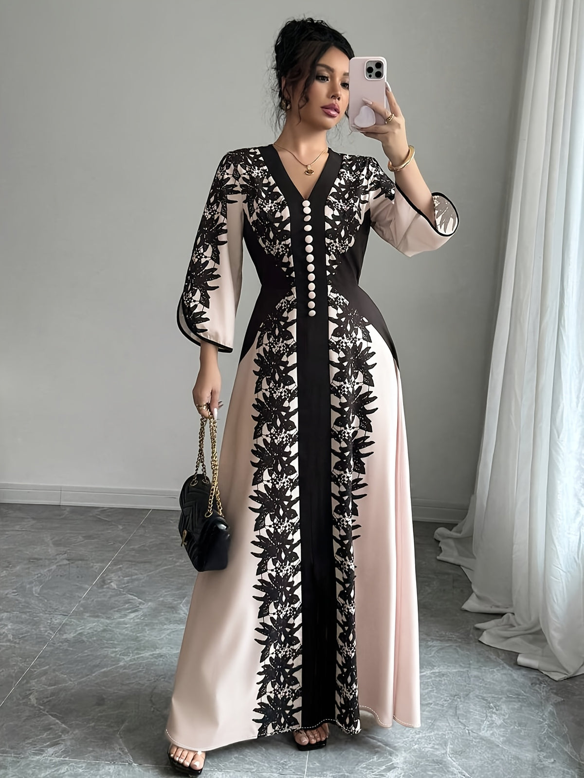 Plus Size, Elegant and Fashionable Plus-size Women's Printed Long-sleeve Dress, Adorned with Buckle Embellishments, Featuring a V-neck and Slit Cuffs. Suitable for Parties, Outings, Romantic Dates, and Daily Wear. Designed for Plus-size Women - Black