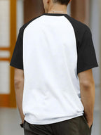 Men's Fashionable Graphic Raglan Sleeve T-shirt, Summer Casual and Comfortable T-shirt, Men's Short-sleeved Top for Daily Activities - White+black