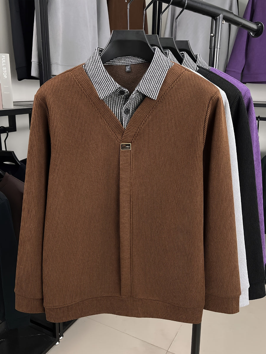 Men's Thick Warm Sweater Suitable for Winter - V-Neck Square Collar Knit Pullover with Color-Blocking Collar, Base Layer Sweater for Layering, Machine Washable Casual Warm Sweaters for Office & Casual Attire (Regular Fit) - Coffee Brown