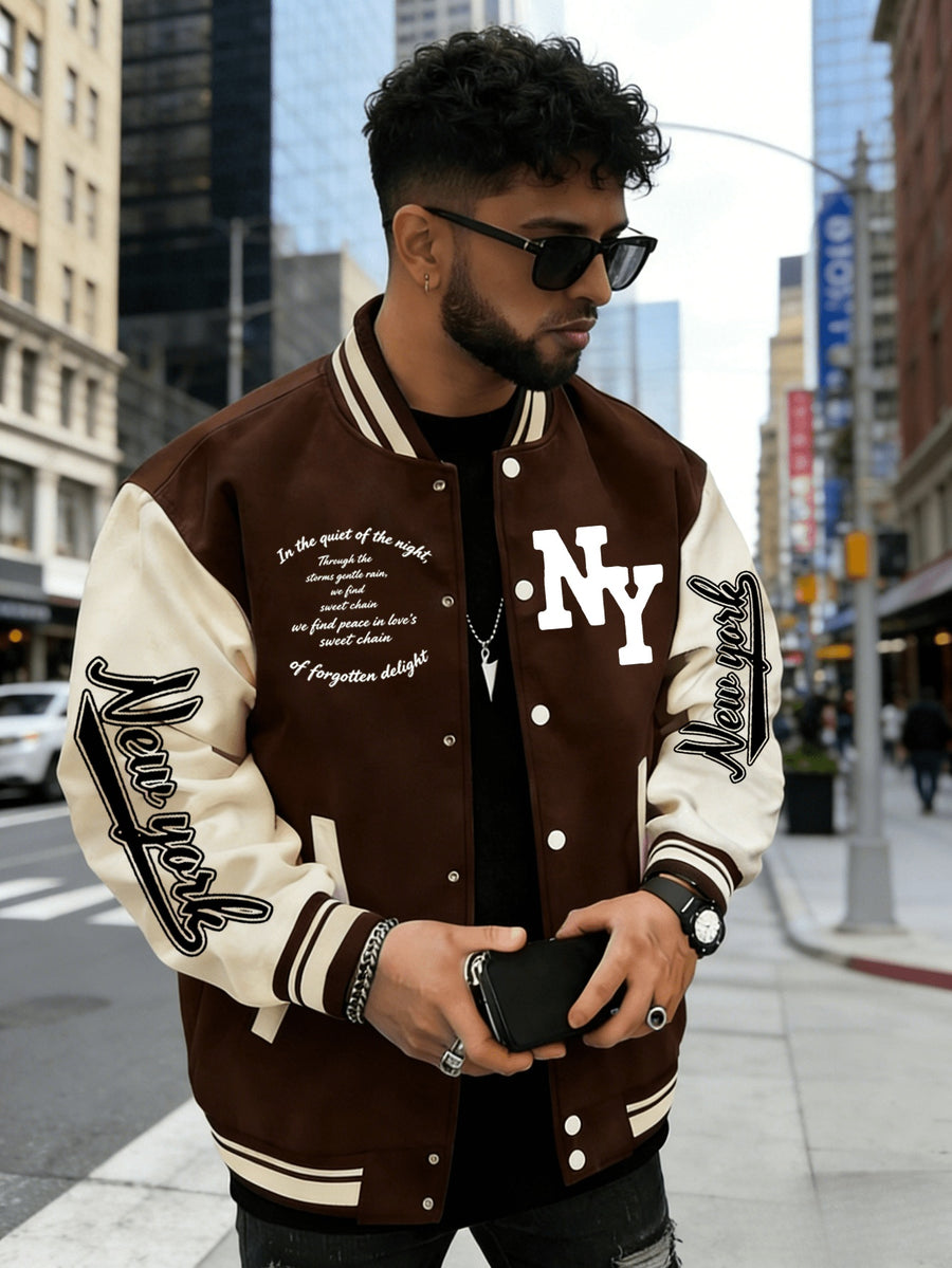 Vintage NY Letter Baseball Jacket, Men's American Casual Jacket - Coffee Color