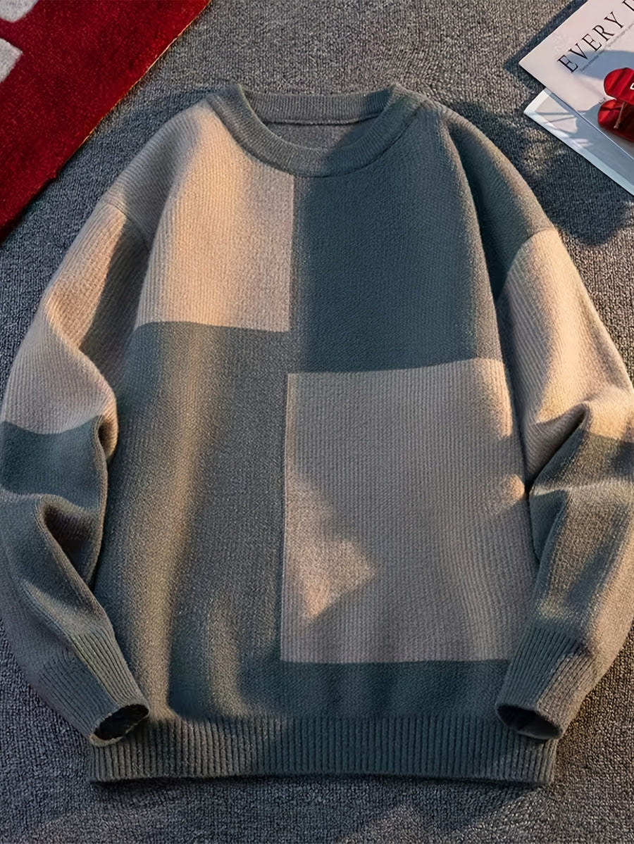 Men's Color Sweater - Soft Warm Round Neck Pullover Sweater Suitable for Autumn Winter, Casual Loose Fit Sweating Top with Color Blocking, Versatile for Layering for Office, Semi-Formal & Casual Attire - Apricot