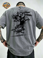 Timid Dog Sketch Line Print Washed Distressed T-Shirt, Men'S 100% Fabric, Casual Comfortable Style, Loose Fit Breathable Short Sleeve Men'S Casual Top, Distressed Washed Loose Fit - Grey