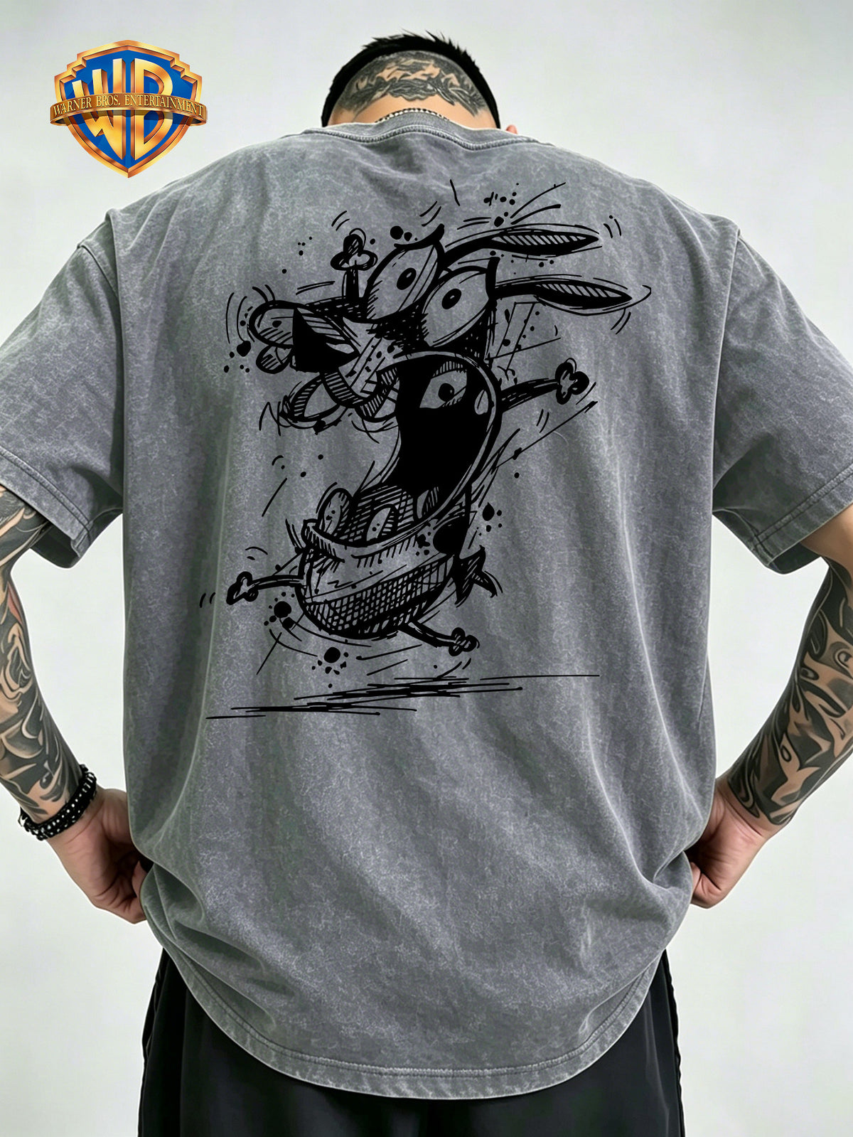 Timid Dog Sketch Line Print Washed Distressed T-Shirt, Men'S 100% Fabric, Casual Comfortable Style, Loose Fit Breathable Short Sleeve Men'S Casual Top, Distressed Washed Loose Fit - Grey