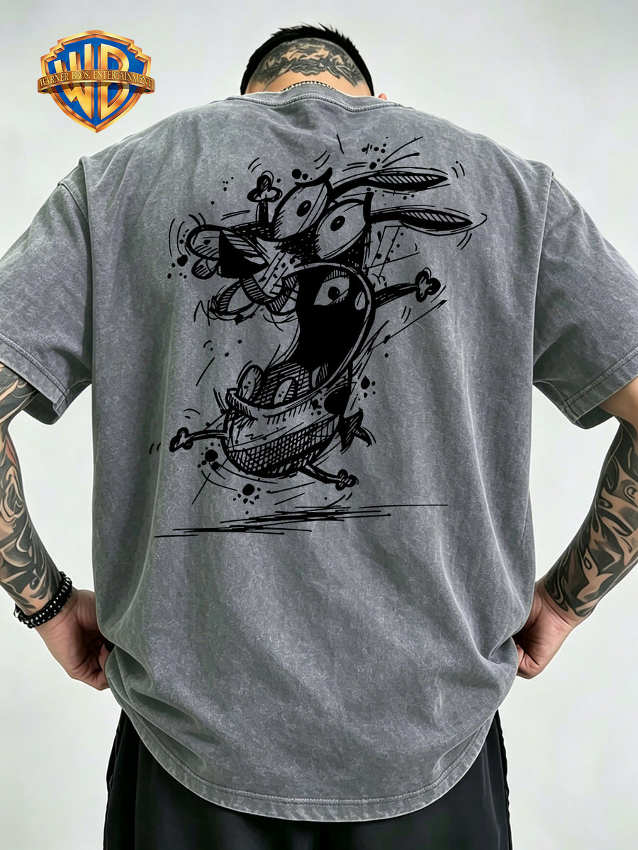 Timid Dog Sketch Line Print Washed Distressed T-Shirt, Men'S 100% Fabric, Casual Comfortable Style, Loose Fit Breathable Short Sleeve Men'S Casual Top, Distressed Washed Loose Fit - Grey