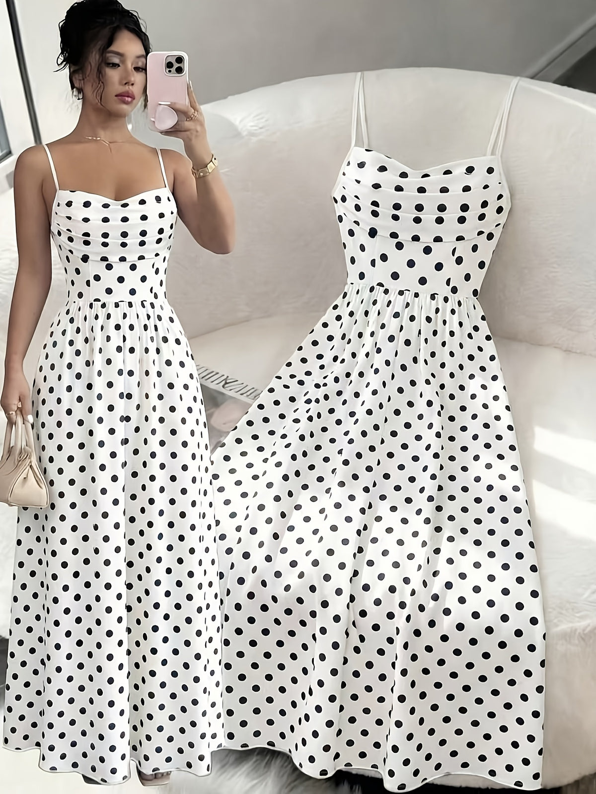 Trendy, Women'S Elegant Polka Dot, Regular Print Summer Dress - White