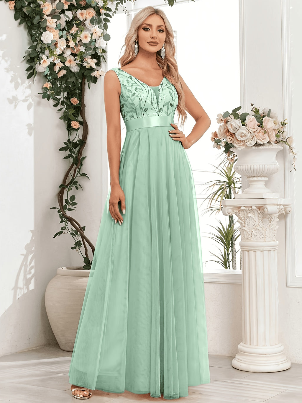 Fashionable Sexy New Women'S Sequin Mesh Patchwork A-Line Party Dress - Light Green