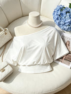 Loose-Fitting Waist, Dropped Shoulder Sleeves, And Sloping Shoulder Collar Women'S White Pure-Color T-Shirt Top. A Must-Have for Summer. Elastic Waistband Accentuates Your Figure. Suitable for Leisure, Dating, Parties, Festivals, And Beach Vacations - White