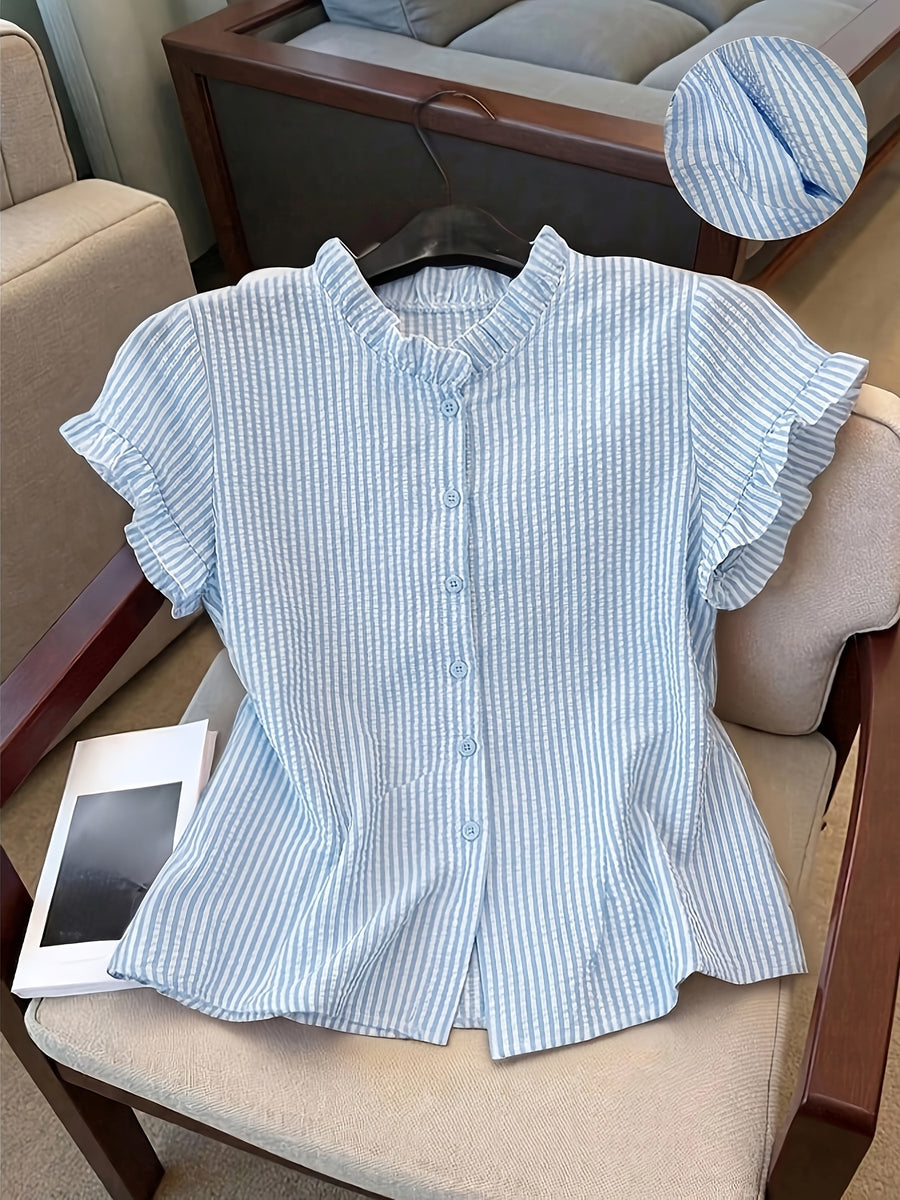 Women's Ruffle Collar Short Sleeve Single-Breasted Striped Shirt, Summer - Bright Steel Blue
