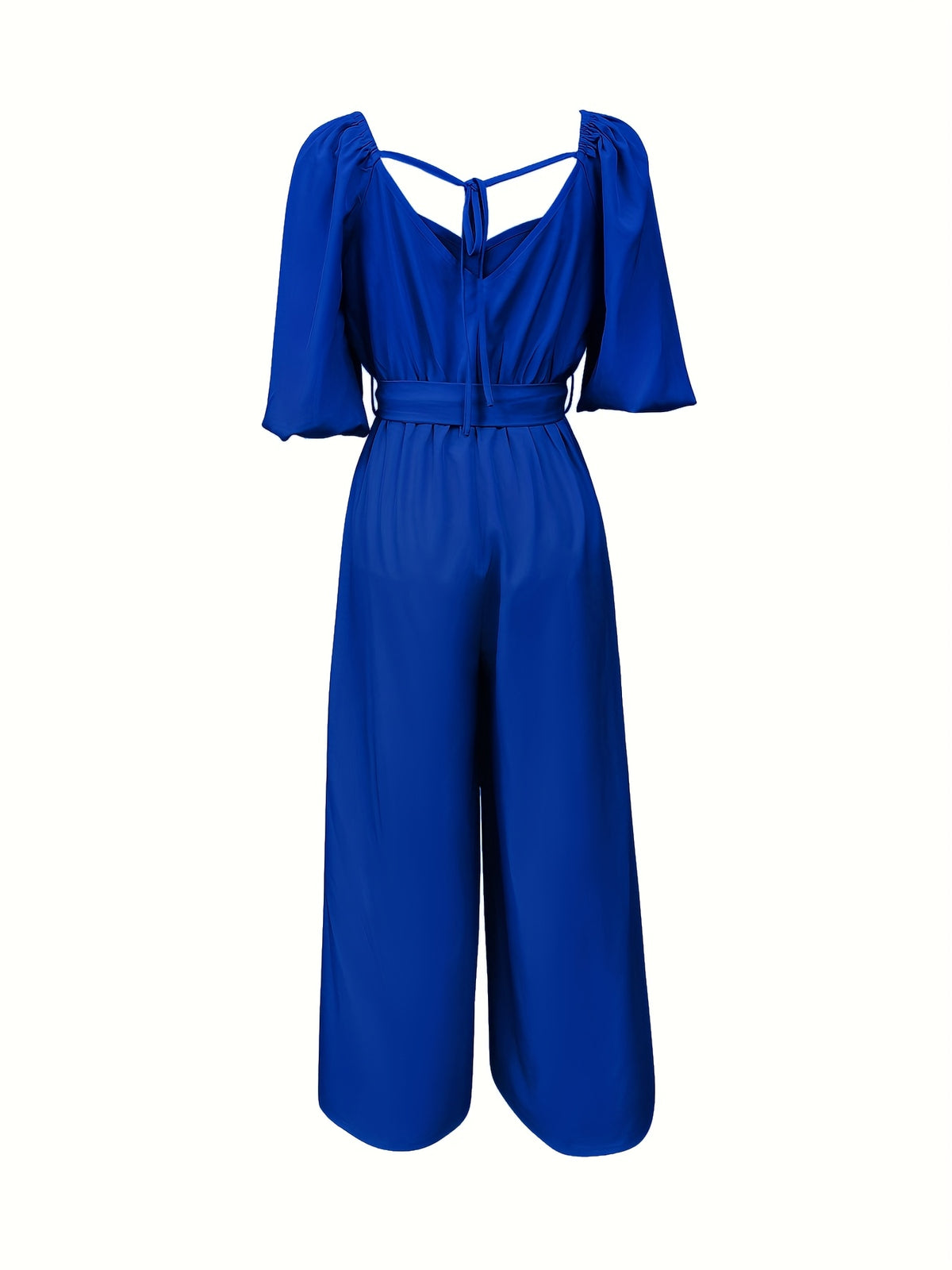 Women's Summer Casual V-Neck Tie-Waist Jumpsuit - Lightweight Breathable Wide-Leg Pantsuit, Machine Washable Solid Color Versatile Outfit for Beach, Brunch & Daytime Events, Smooth Texture Fabric, Beach Attire, Easy Care, Vacation Wear - Multicolor-Blue